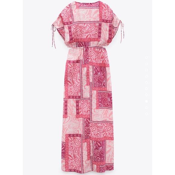 Zara Patchwork Print Dress Pink Cut Out Maxi Size Small - Picture 2 of 14
